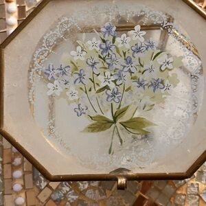 Octagonal Floral Glass Art with Gold Frame